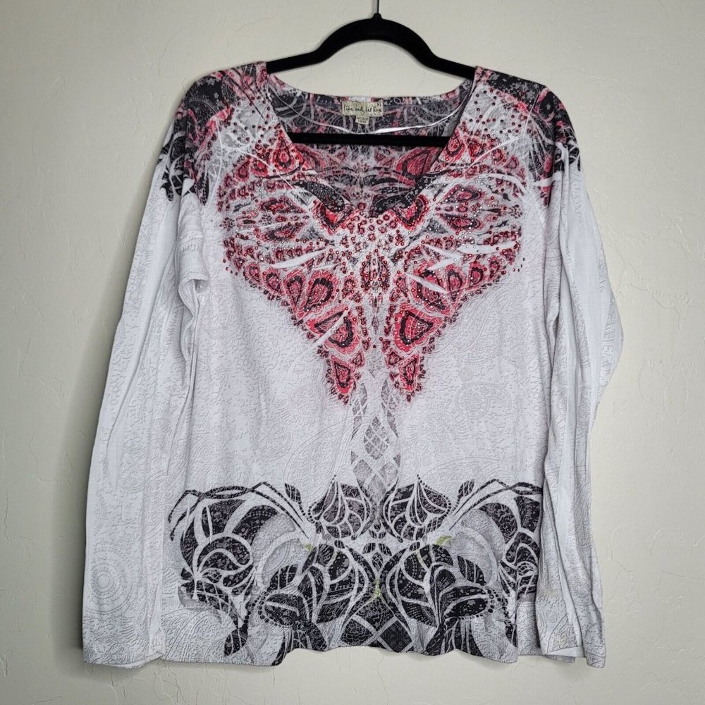 Live and Let Live Womens Red Black White Bling Paisley Print Blouse Top Size XL